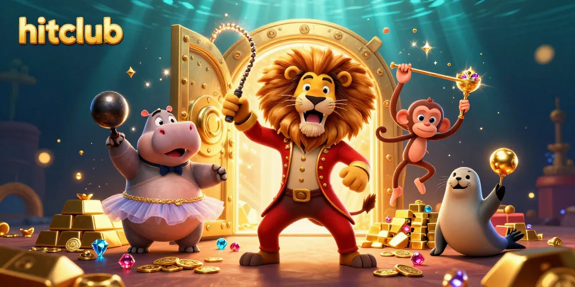 Experience the excitement of hitclub with a vibrant scene of circus characters surrounded by treasure and casino elements.