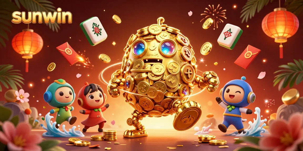 Experience exciting gaming at sunwin with a golden golem amidst dazzling casino elements and festive decorations.